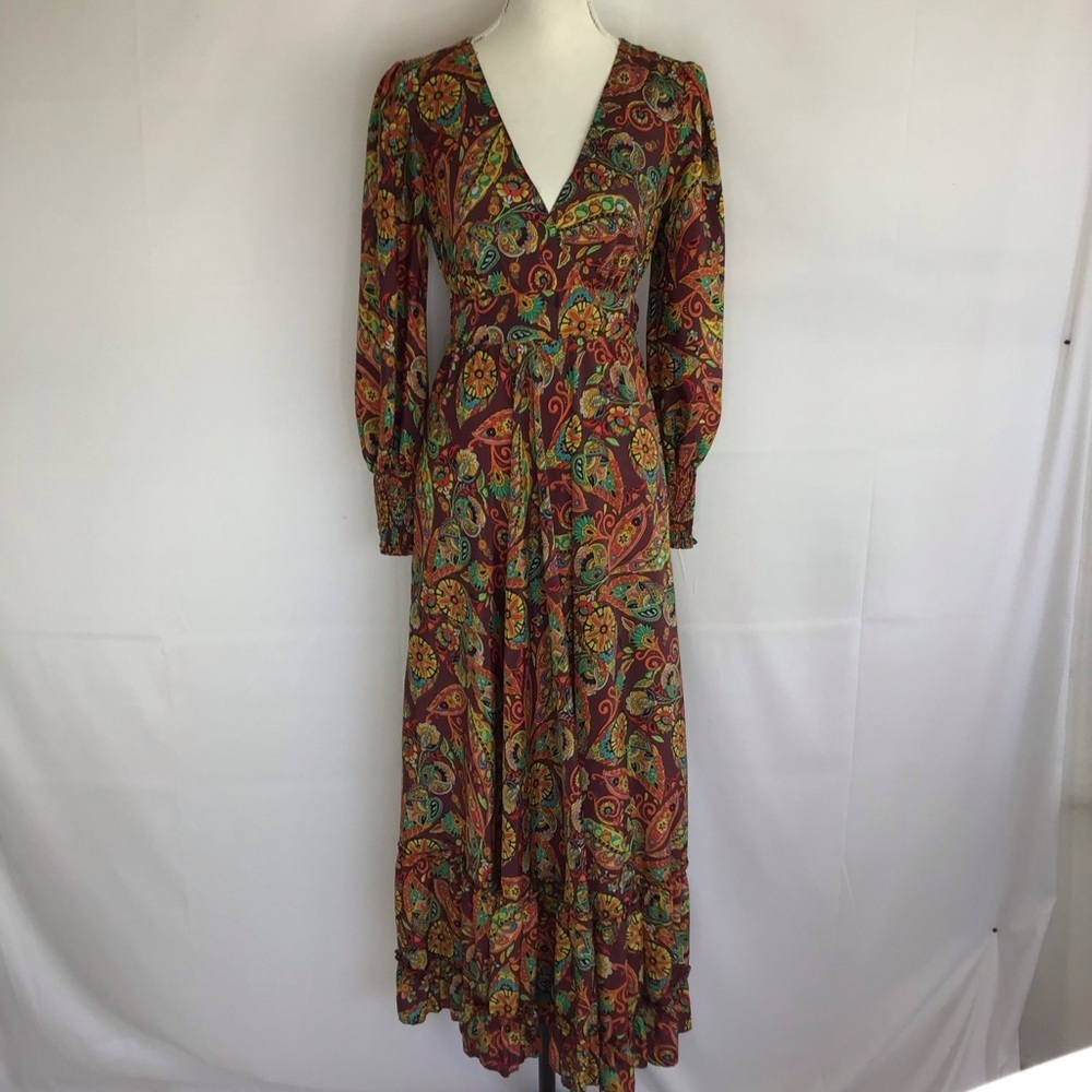 ME 2 MAGIC WOMEN FALL COLORFUL PAISLEY RUFFLE V-NECK LONG SLEEVE MAXI DRESS SZ S